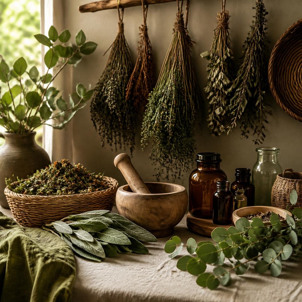 Mortar and pestle with fresh herbs, spices and apothecary jars